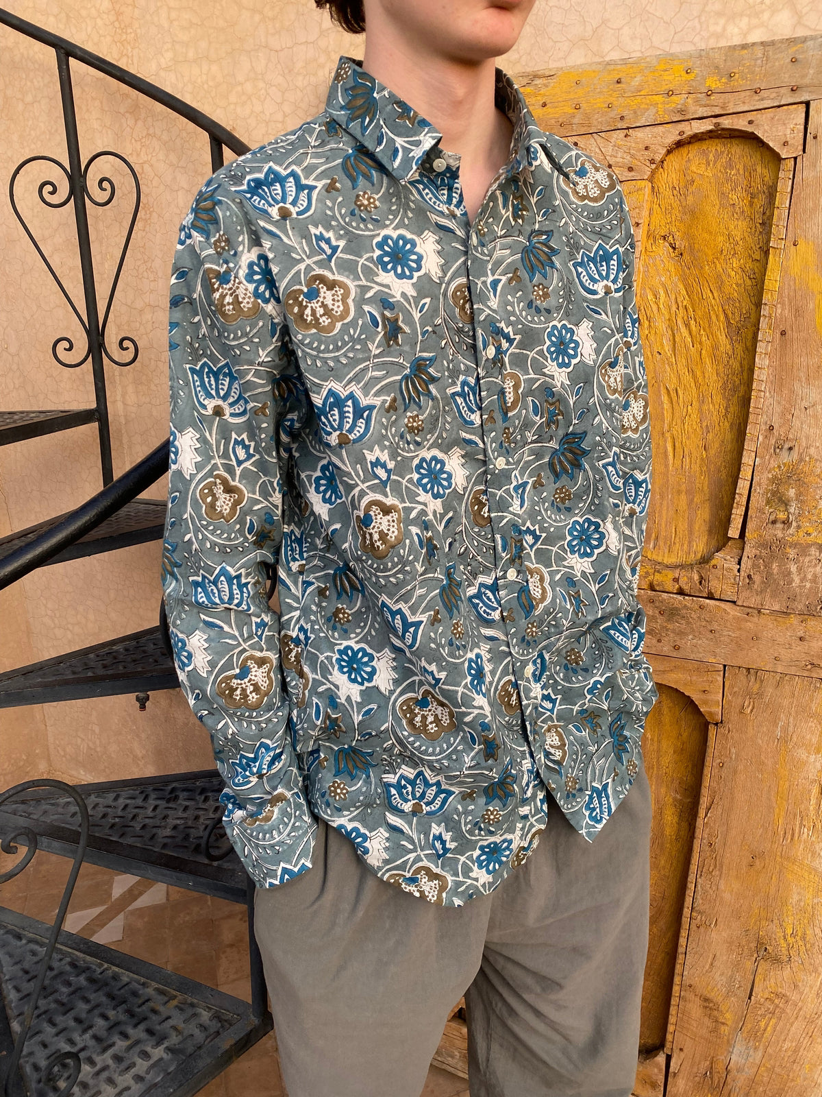 Blue and Khaki Flower Shirt