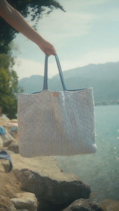 Santorini Basket Bag - Blue and White Stripe