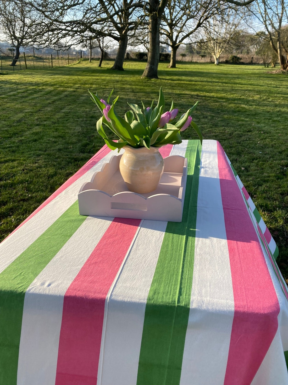 Indian Block Print Tablecloth - Pink, Green and White