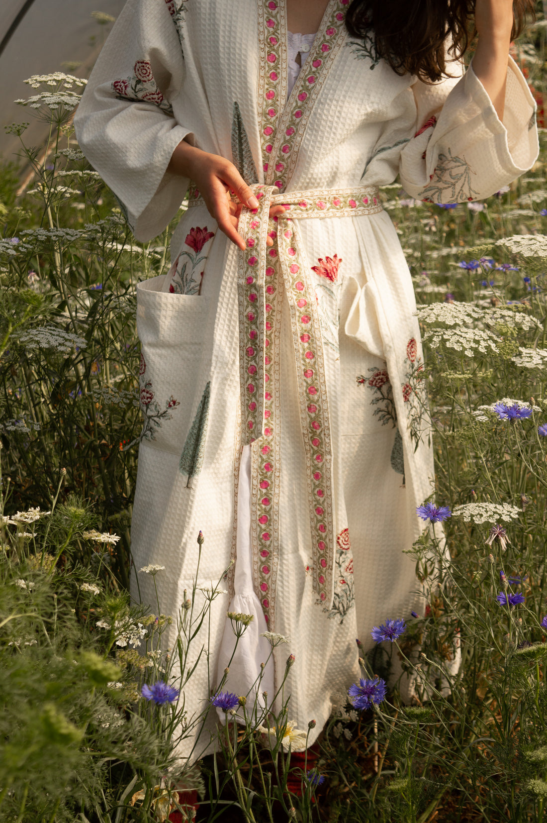 Cotton Waffle Indian Block Print Dressing Gown - Leaves and Flowers