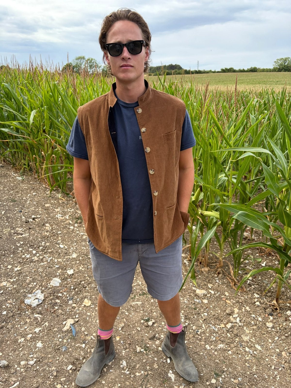 Nehru Jacket Navy and Tan Corduroy