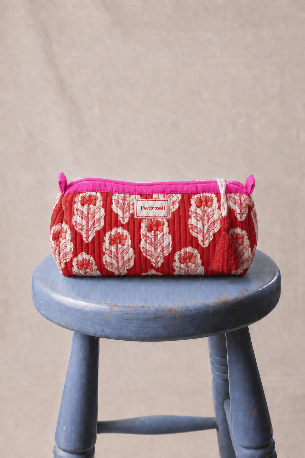 Quilted Indian Block Print Pencil Case - Red with Pink Flower