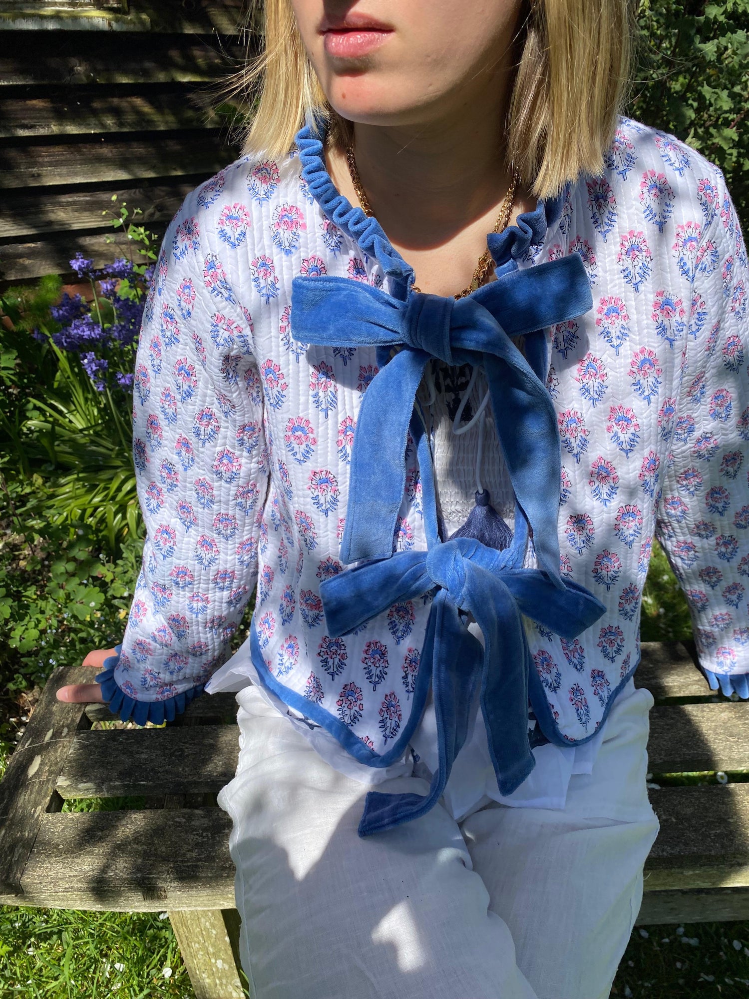 Reversible Jacket - Pink and Blue Flower with Blue Stripe Reverse