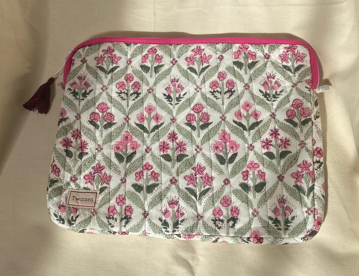 Indian Block Print Laptop Pouch - Pink Diamond