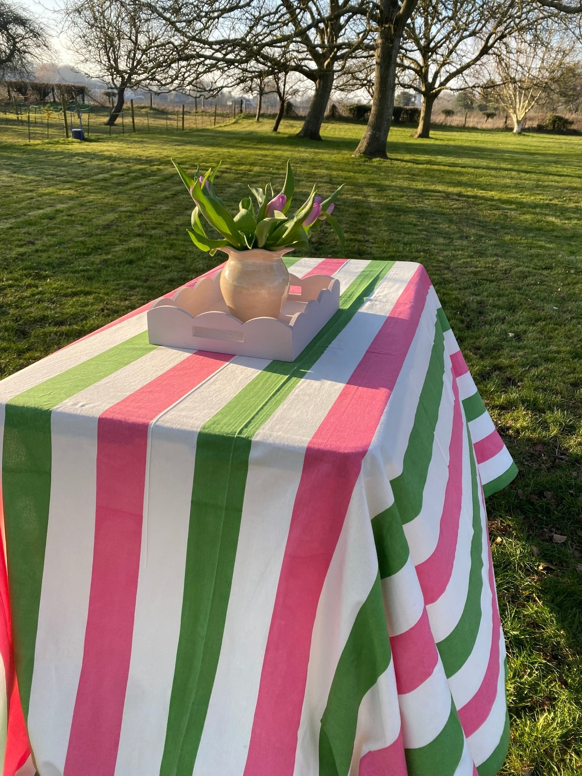 Indian Block Print Tablecloth - Pink, Green and White