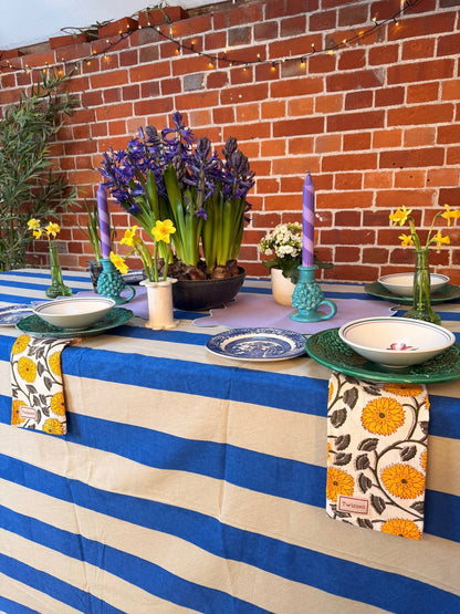 Blue and Beige Stripe Tablecloth