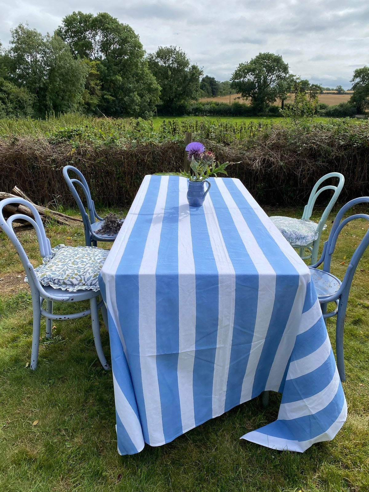Indian Block Print Tablecloth - Pastel Blue Stripe