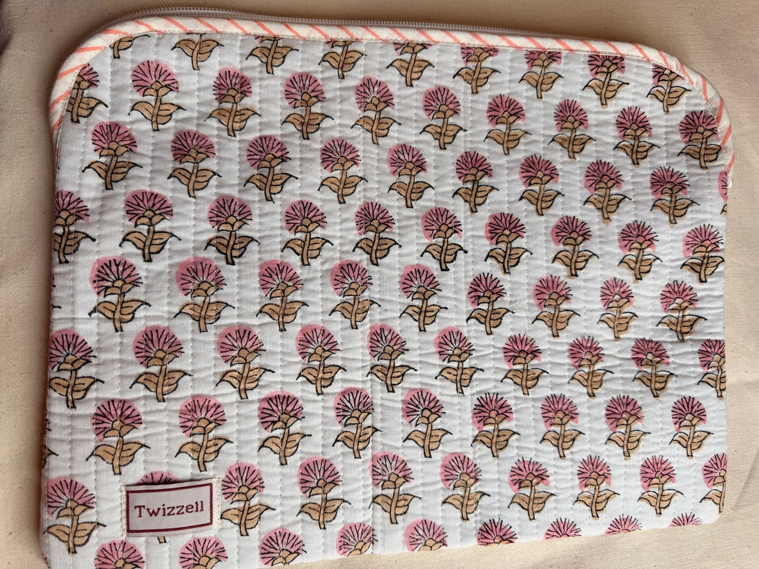 Indian Block Print Laptop Pouch - Mini Pink
