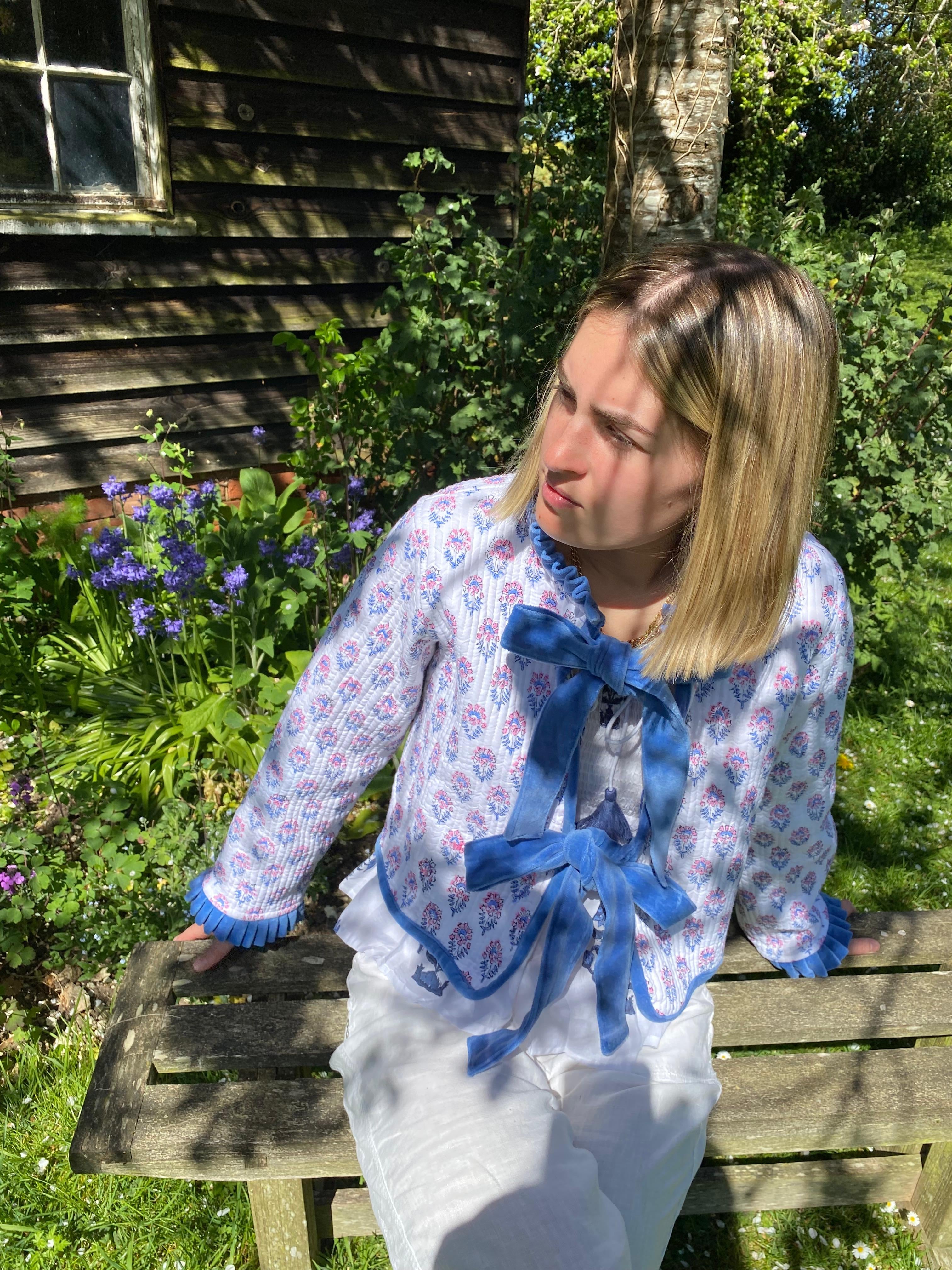 Reversible Jacket - Pink and Blue Flower with Blue Stripe Reverse