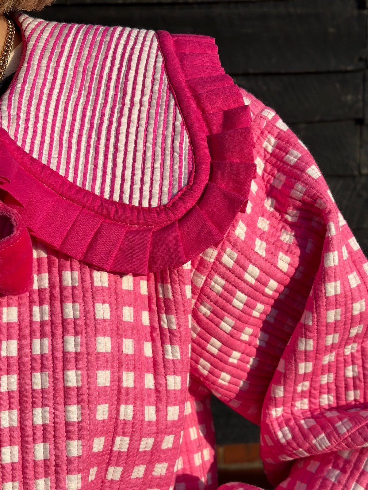 Sailor Collar Reversible Jacket - Pink Gingham