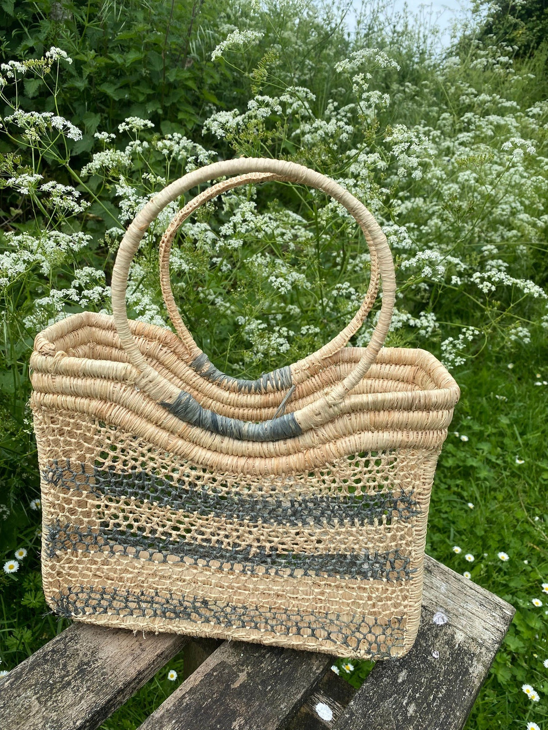 Hand woven raffia basket - grey horizontal stripe