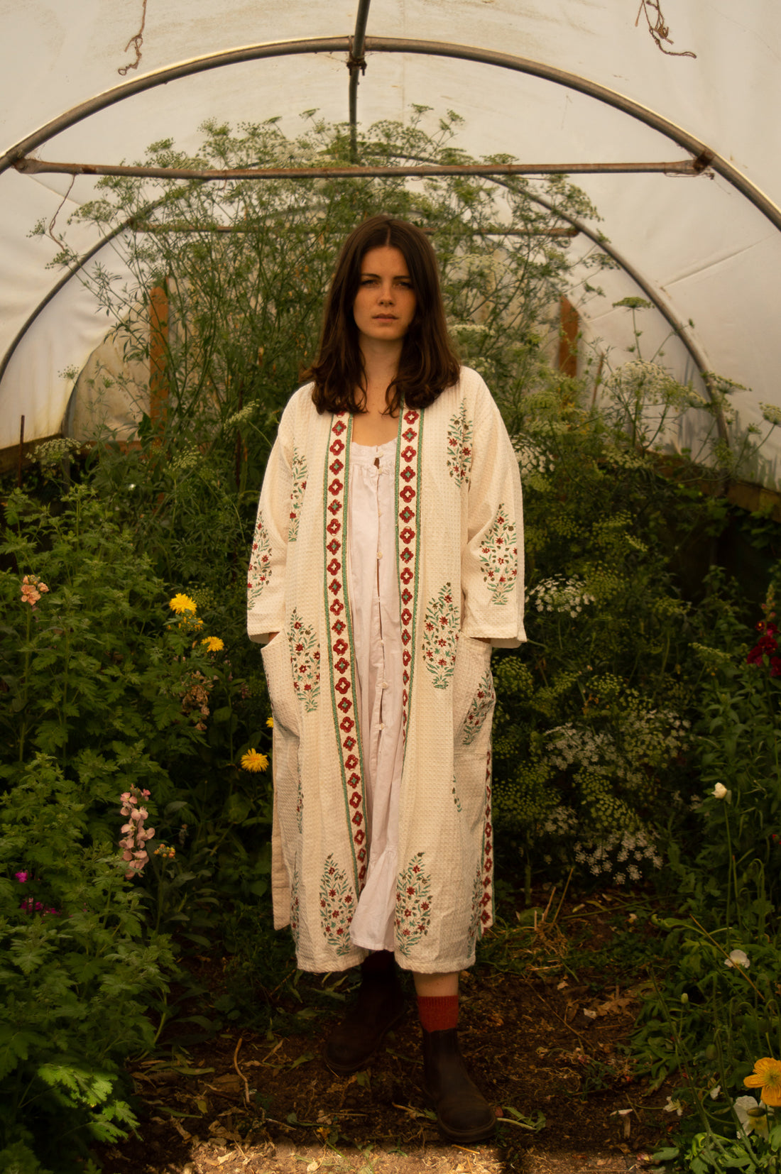 Cotton Waffle Indian Block Print Dressing Gown - Burgundy Tree