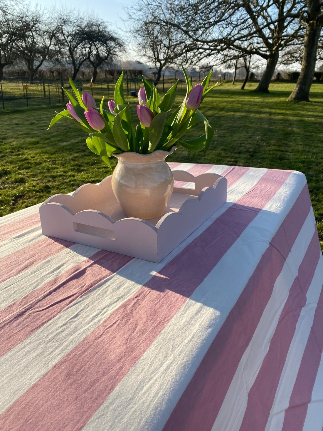 Indian Block Print Tablecloth - Mauve Stripe