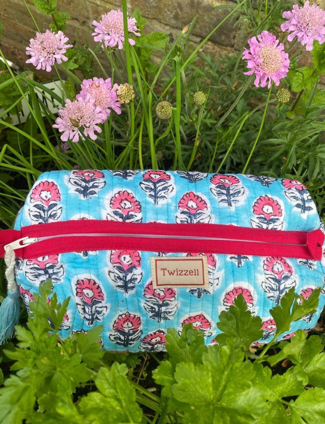 Quilted Wash Bag - Blue with Pink Flower