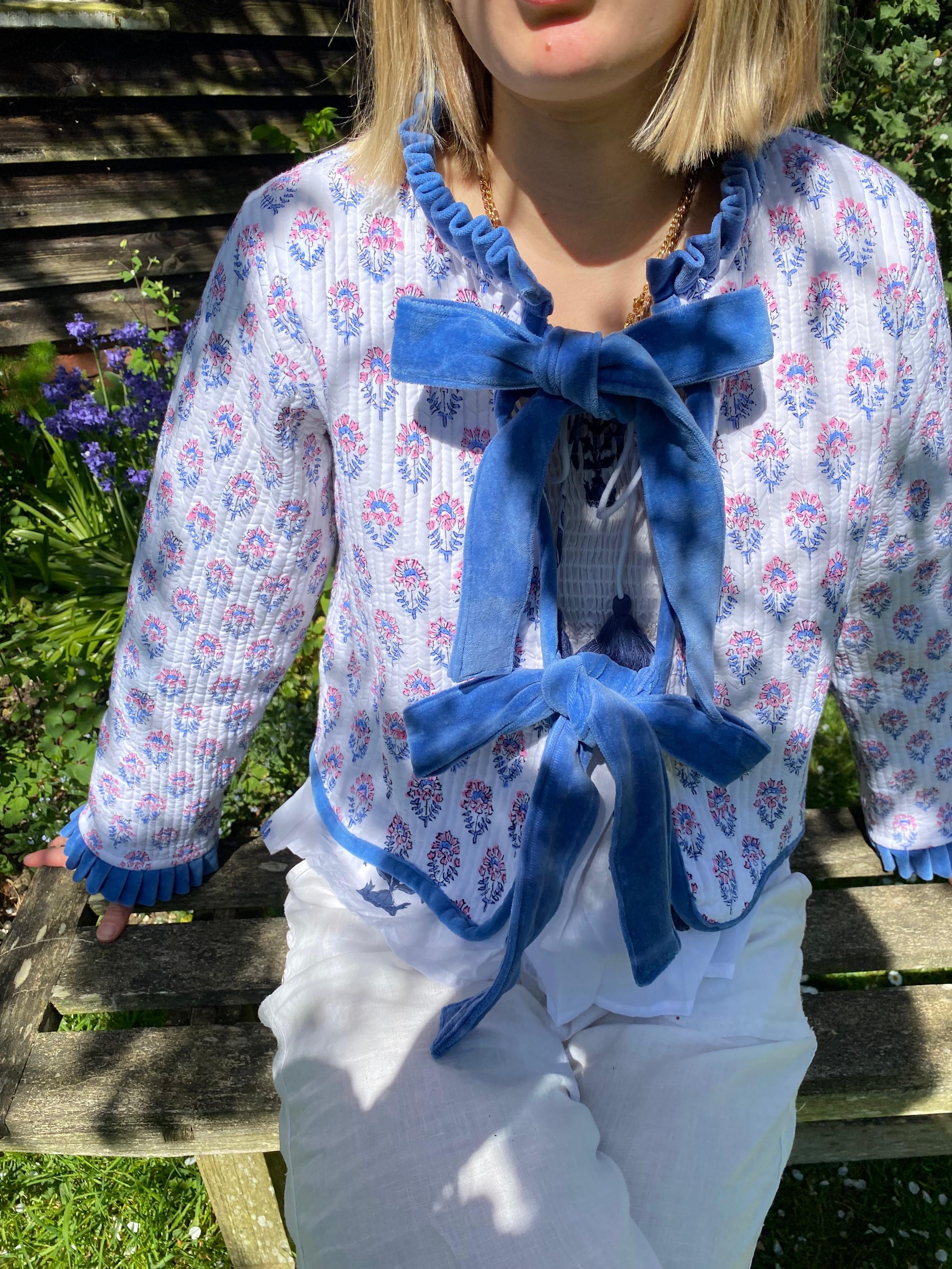 Reversible Jacket - Pink and Blue Flower with Blue Stripe Reverse