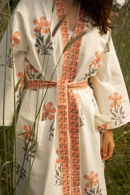 Cotton Waffle Indian Block Print Dressing Gown - Peach Flowers
