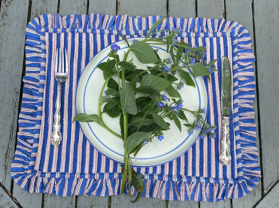 Blue Gingham with Blue Stripe Ruffle Placemat