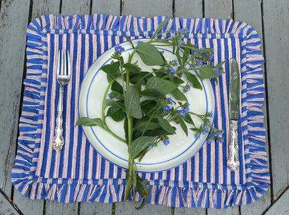 Blue Gingham with Blue Stripe Ruffle Placemat