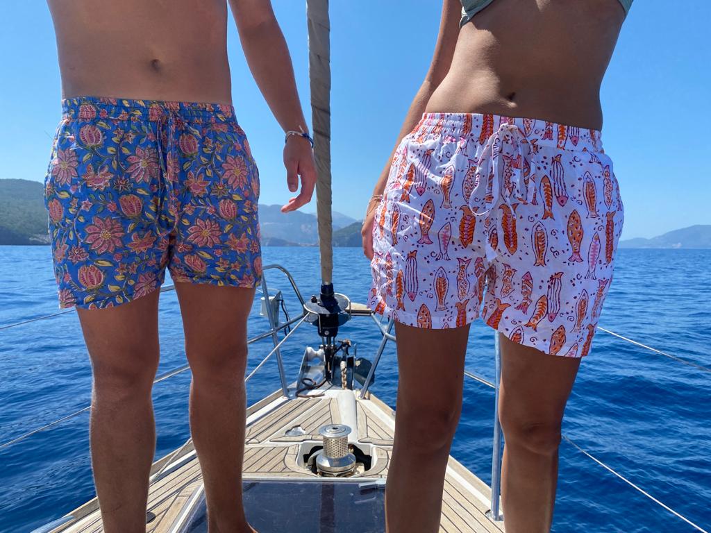 Unisex Indian Block Print Shorts - Fish
