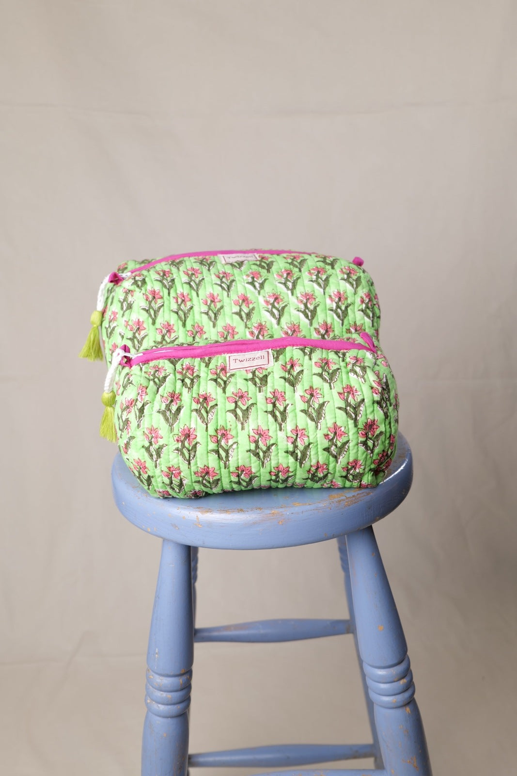 Quilted Wash Bag - Green/Pink