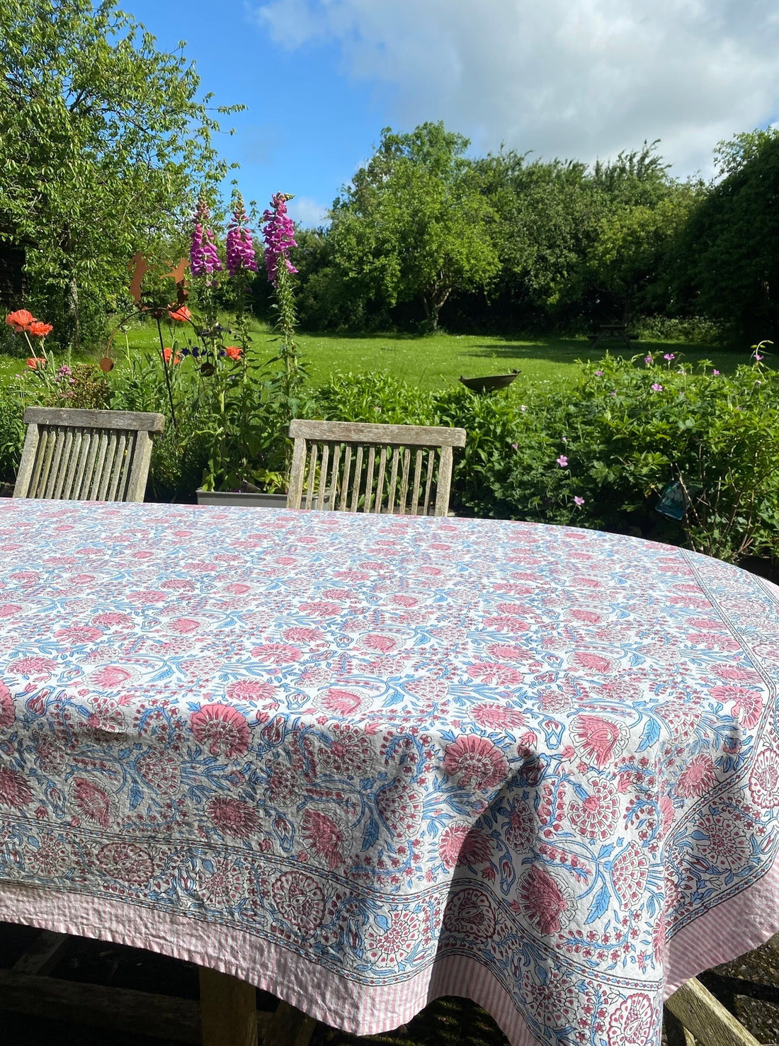 Indian Block Print Tablecloth - Blue and Pink