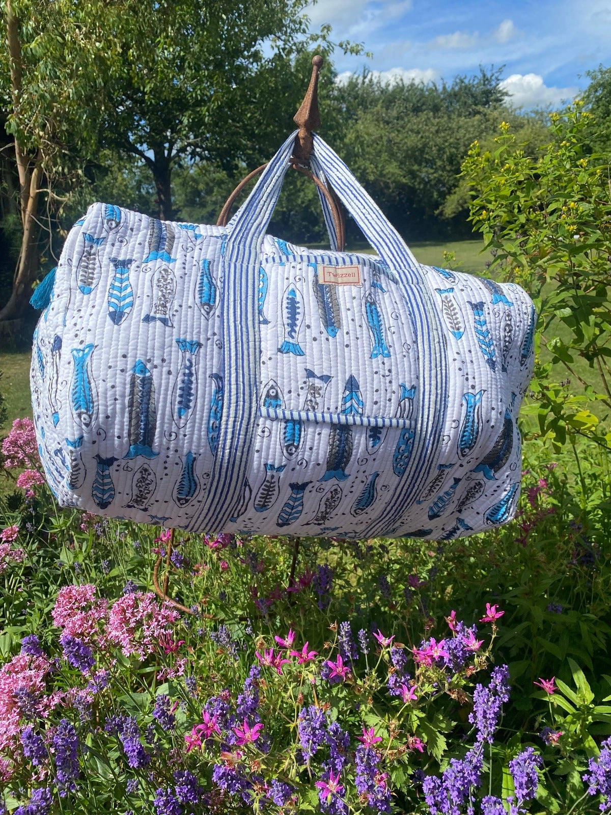 Indian Block Print Weekend Bag - Blue Fish Spritz