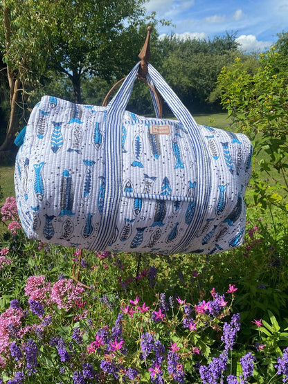 Indian Block Print Weekend Bag - Blue Fish Spritz