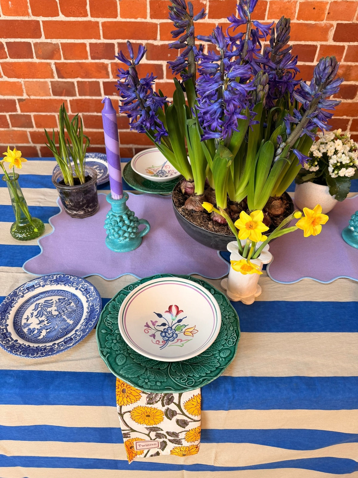 Blue and Beige Stripe Tablecloth