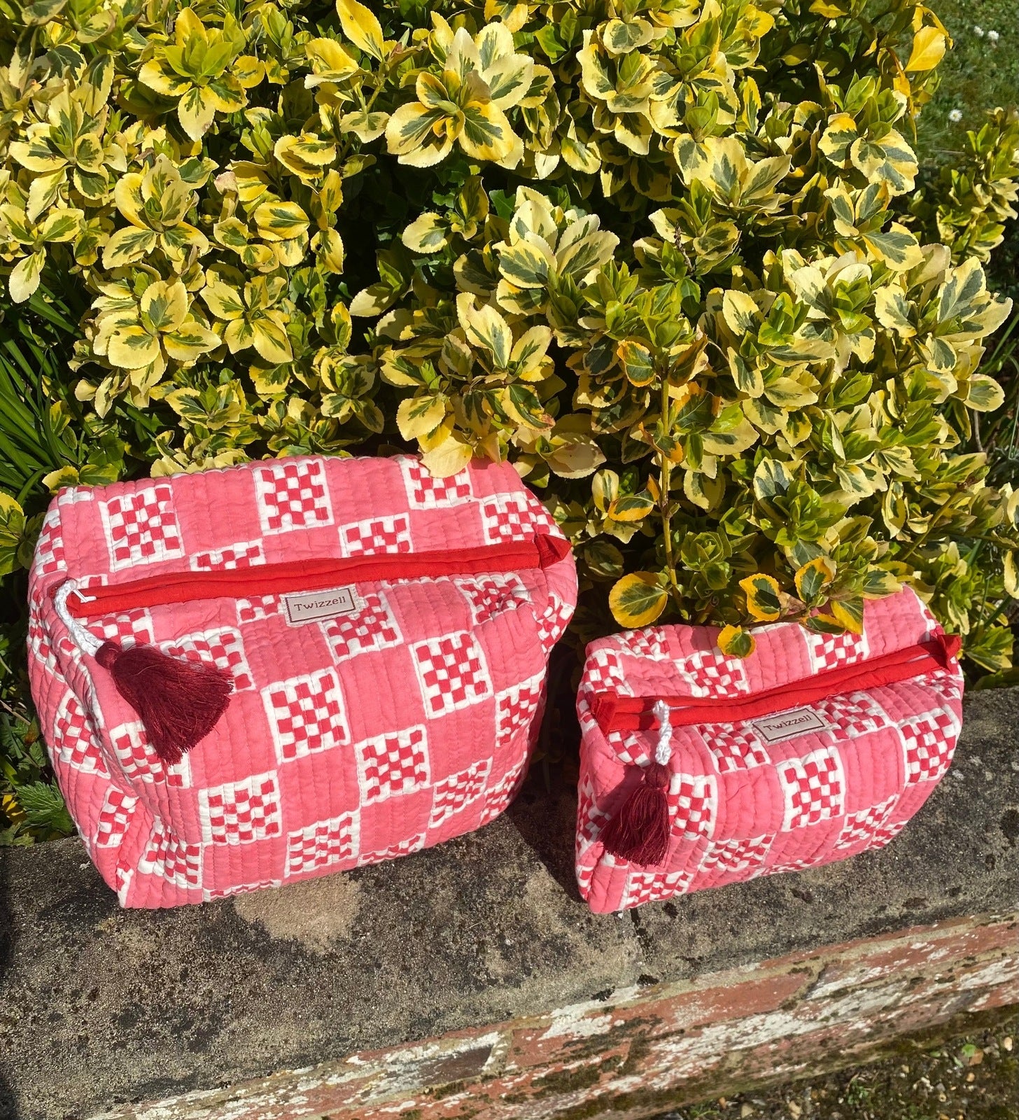 Quilted Wash Bag - Pink Red Checkerboard