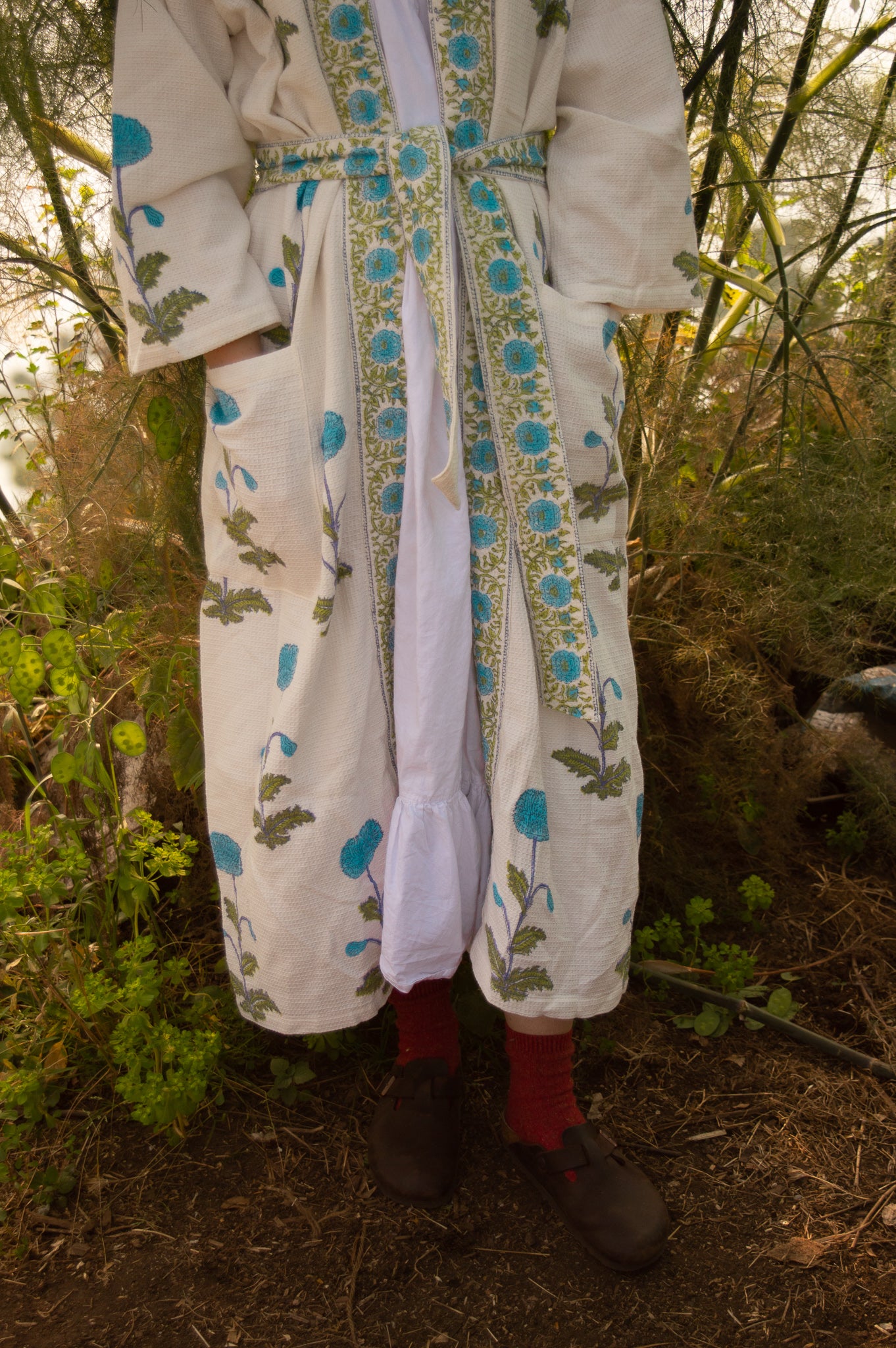 Cotton Waffle Indian Block Print Dressing Gown - Blue Pom Pom Flower