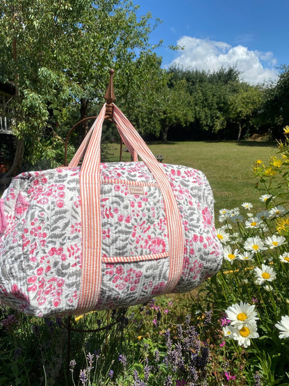 Indian Block Print Weekend Bag - Grey and Pink