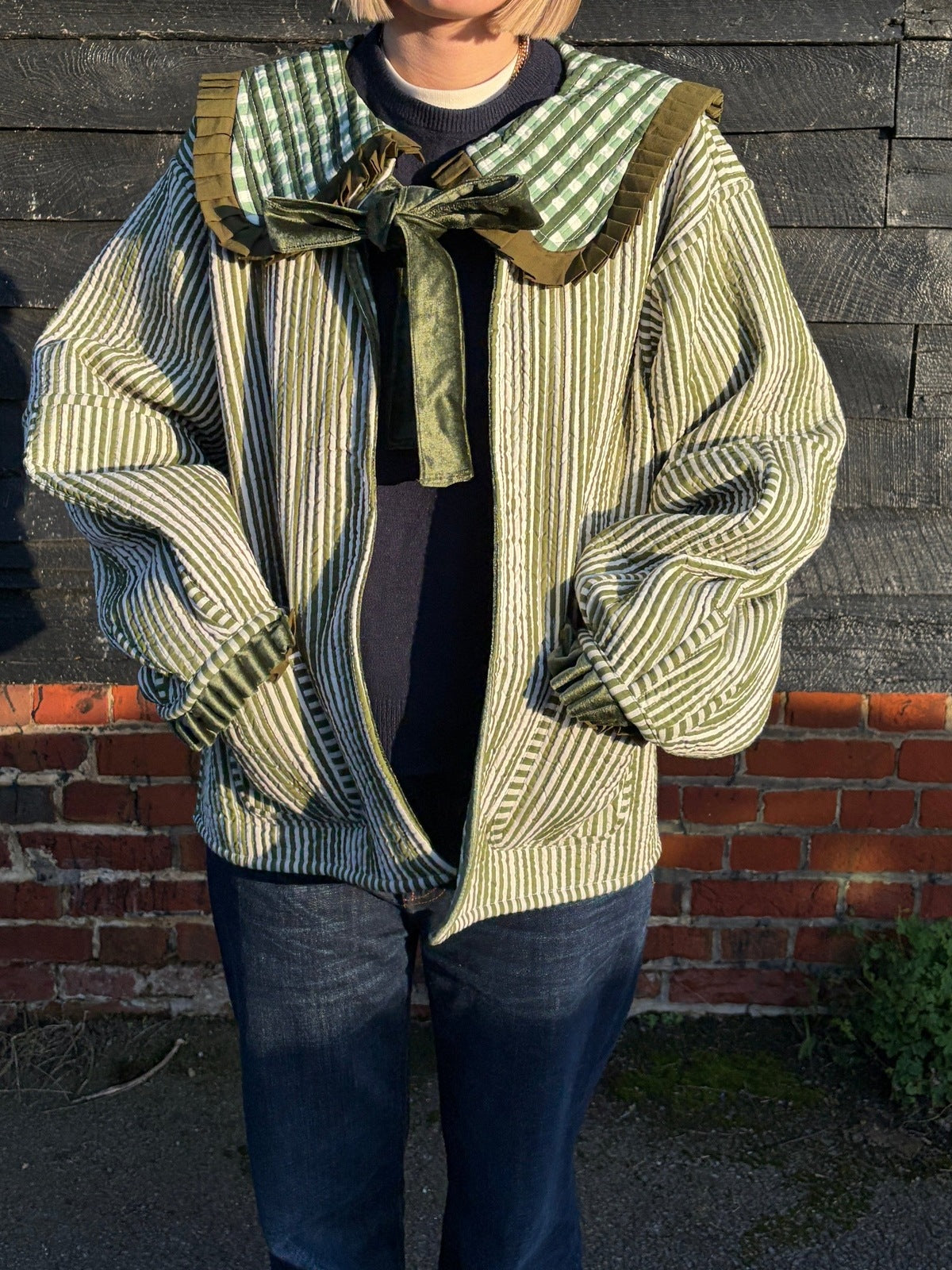 Sailor Collar Reversible Jacket - Green Gingham