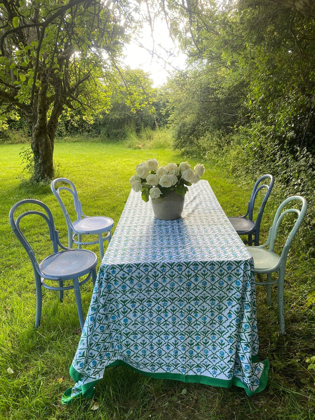 Indian Block Print Tablecloth - Floral Diamond Blue/Green