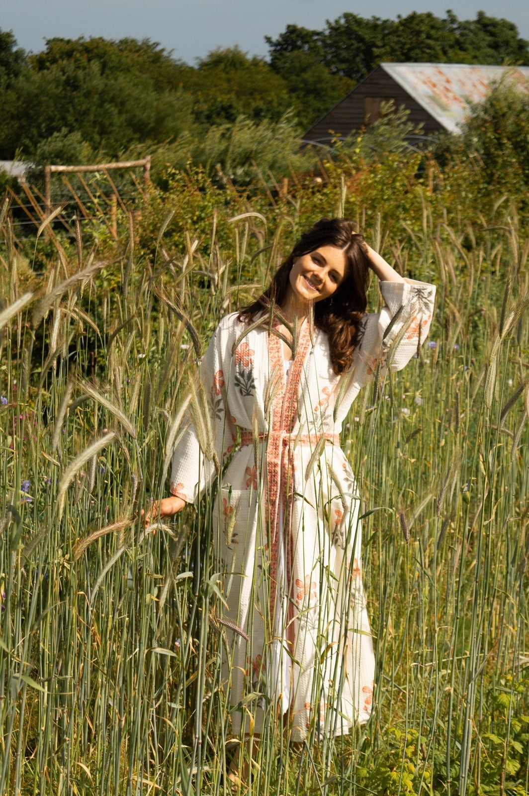 Cotton Waffle Indian Block Print Dressing Gown - Peach Flowers