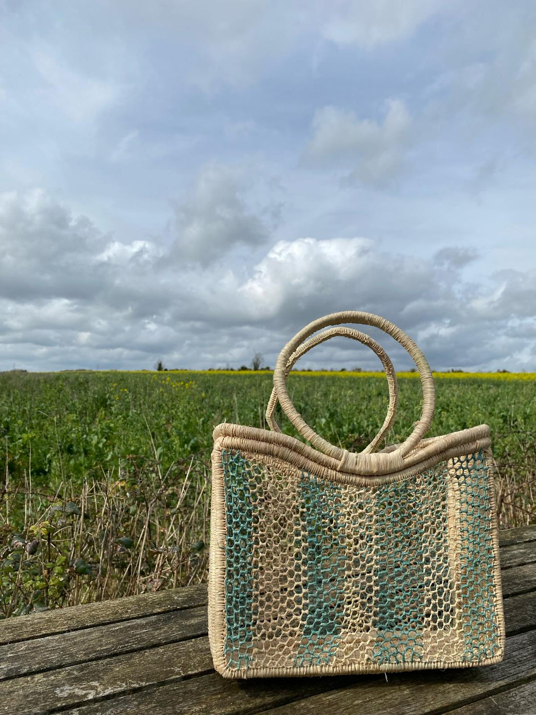 Hand woven raffia basket - blue