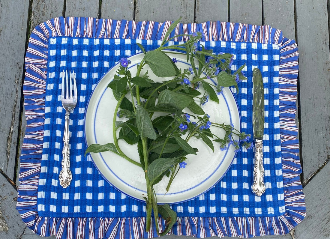Blue Gingham with Blue Stripe Ruffle Placemat