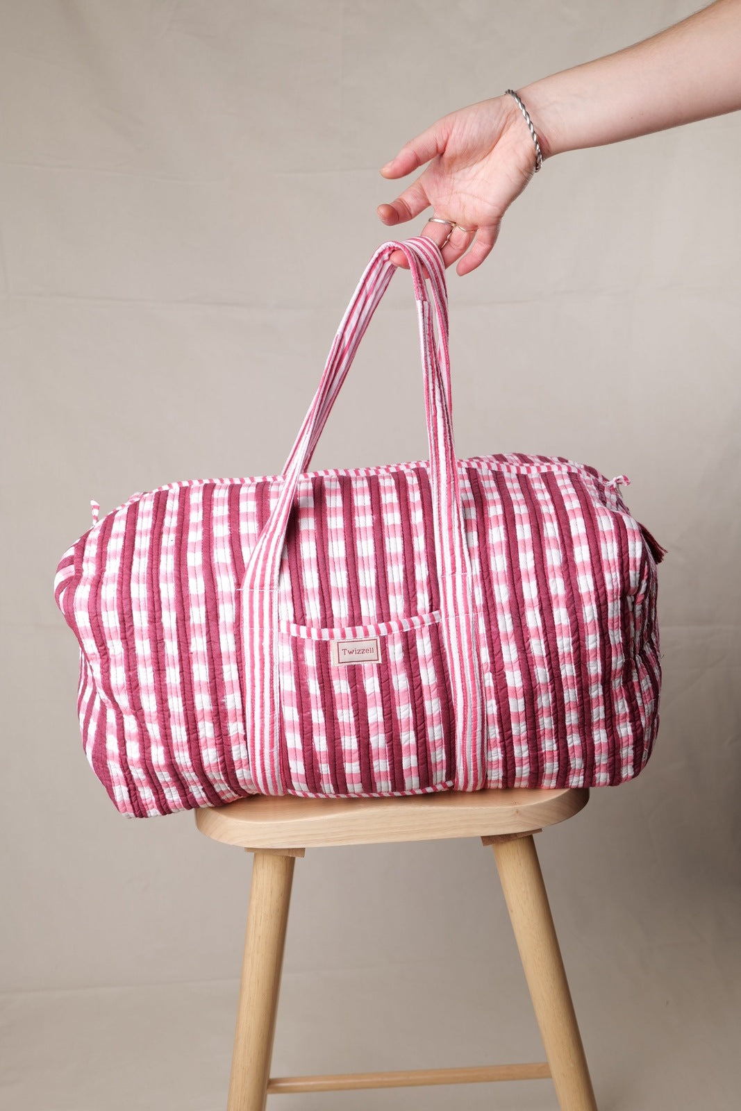 Indian Block Print Weekend Bag - Red and Pink Gingham