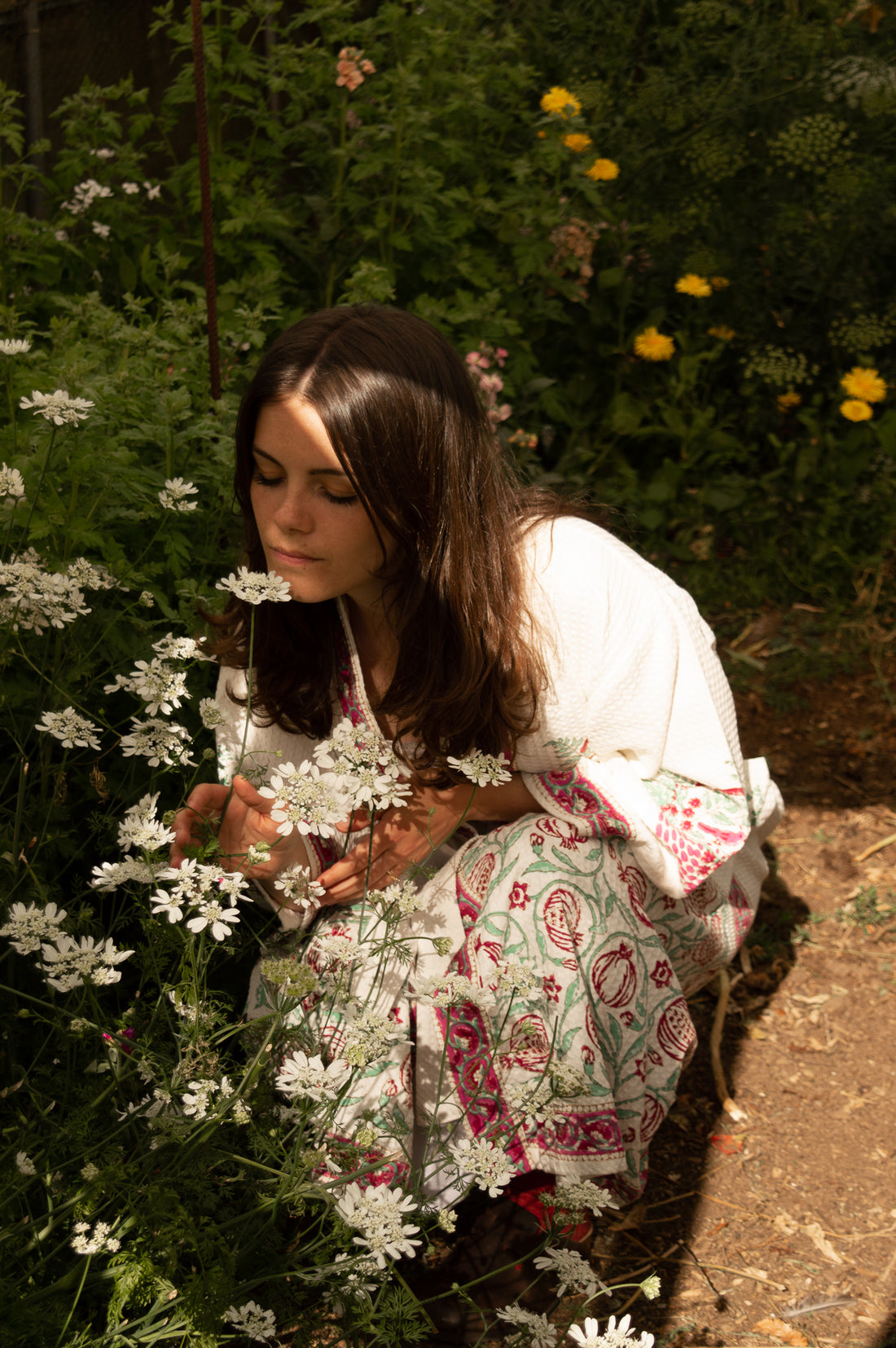 Cotton Waffle Indian Block Print Dressing Gown - Pomegranate