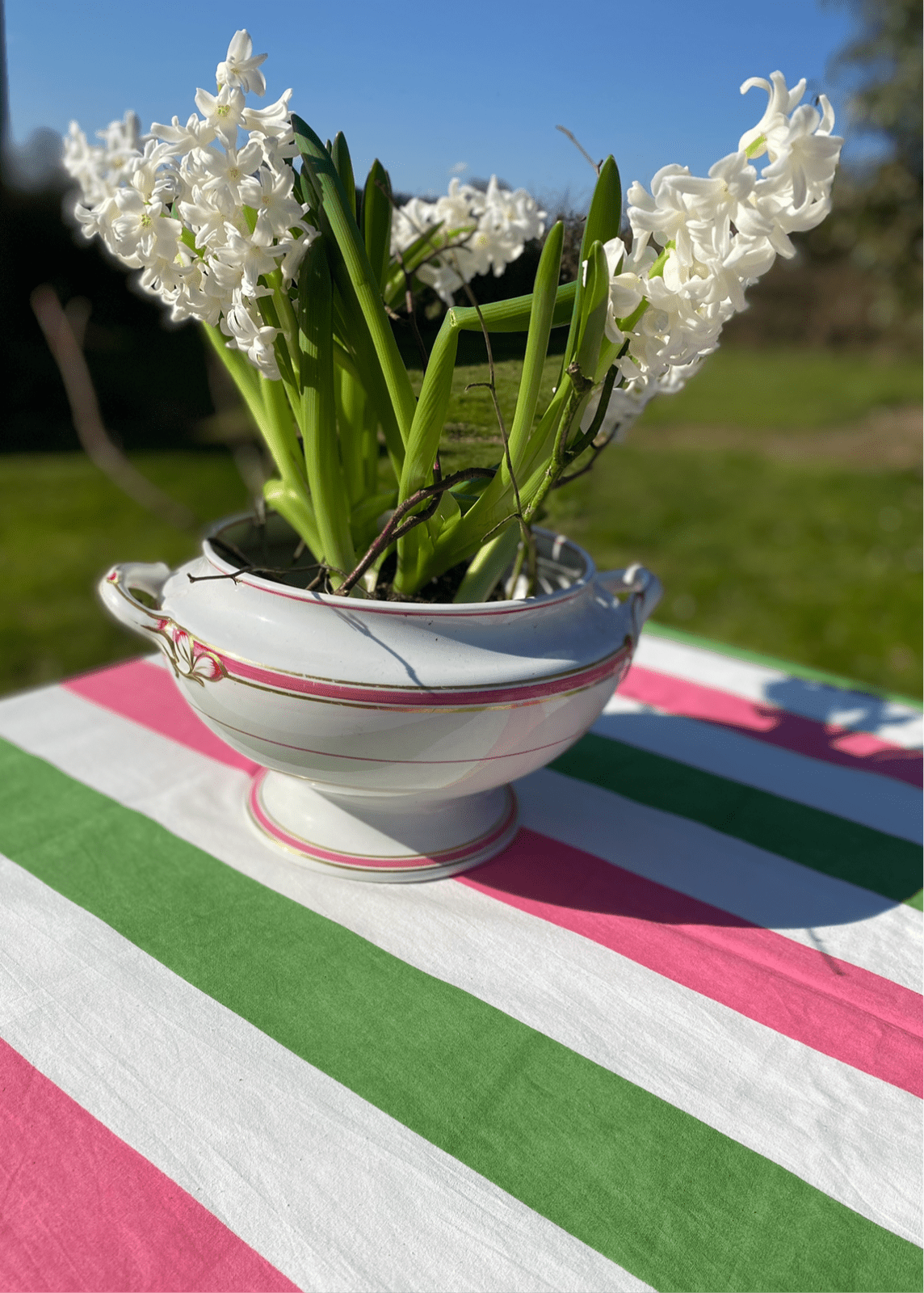 Indian Block Print Tablecloth - Pink, Green and White