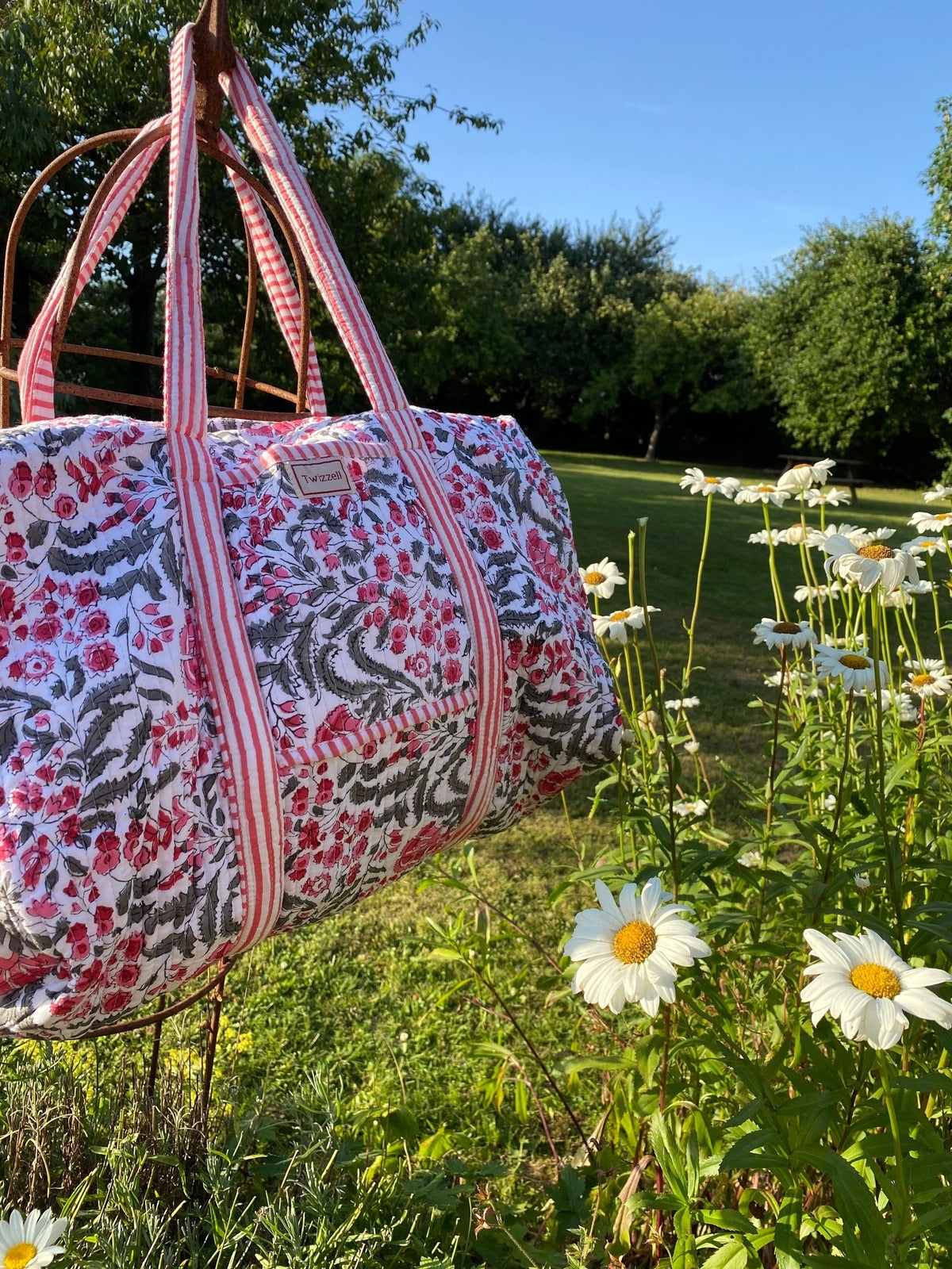 Indian Block Print Weekend Bag - Grey and Pink