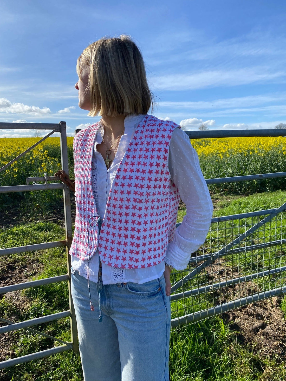 Reversible Cropped Quilted Gilet- Blue Paisley and Pink Star