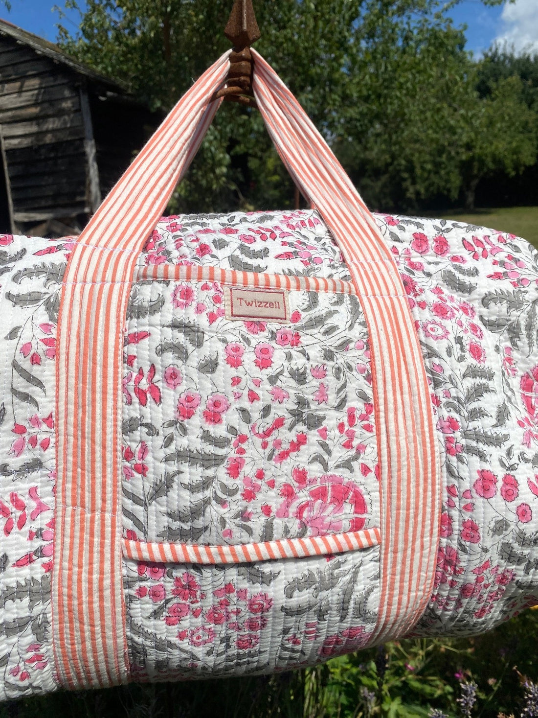 Indian Block Print Weekend Bag - Grey and Pink