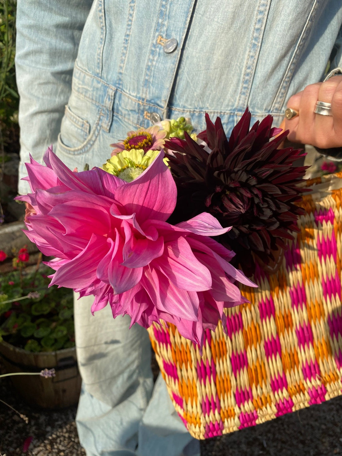 Woven checkerboard basket - orange and pink