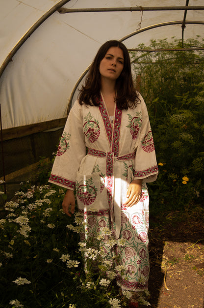 Cotton Waffle Indian Block Print Dressing Gown - Pomegranate
