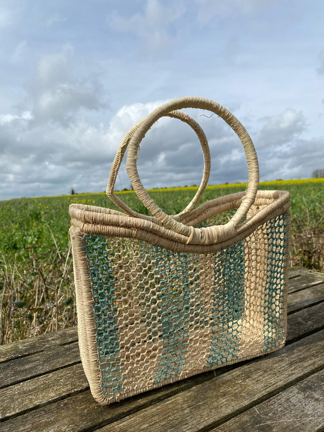 Hand woven raffia basket - blue