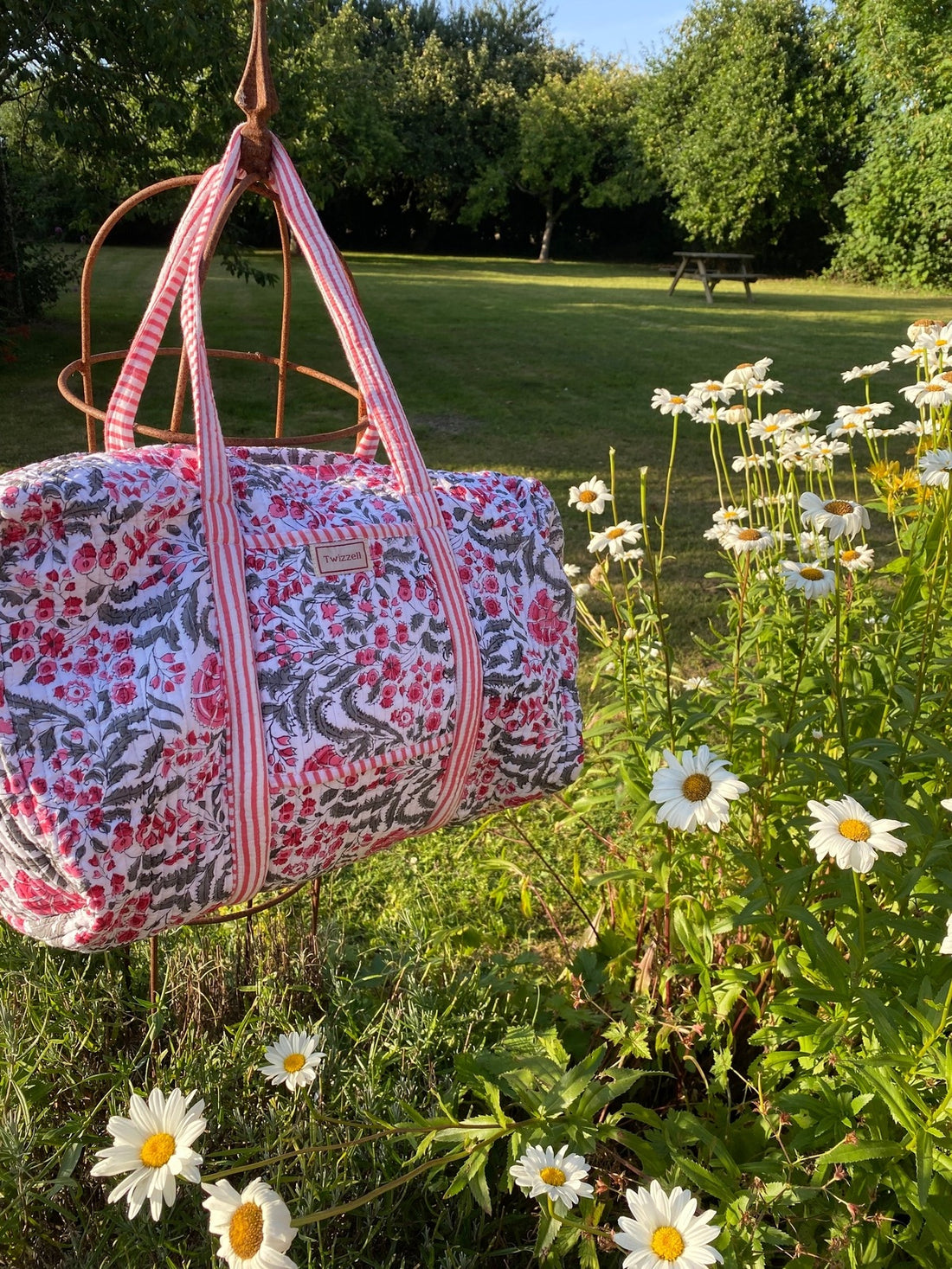 Indian Block Print Weekend Bag - Grey and Pink