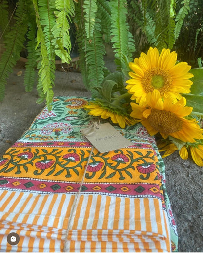 Indian Block Print Tablecloth - Multi on Green