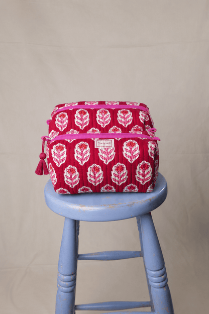 Quilted Wash Bag - Red with Pink Flower