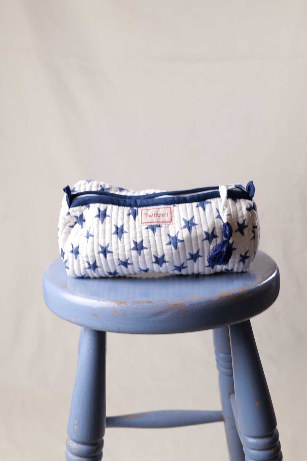 SECONDS Quilted Indian Block Print Pencil Case - Blue Star