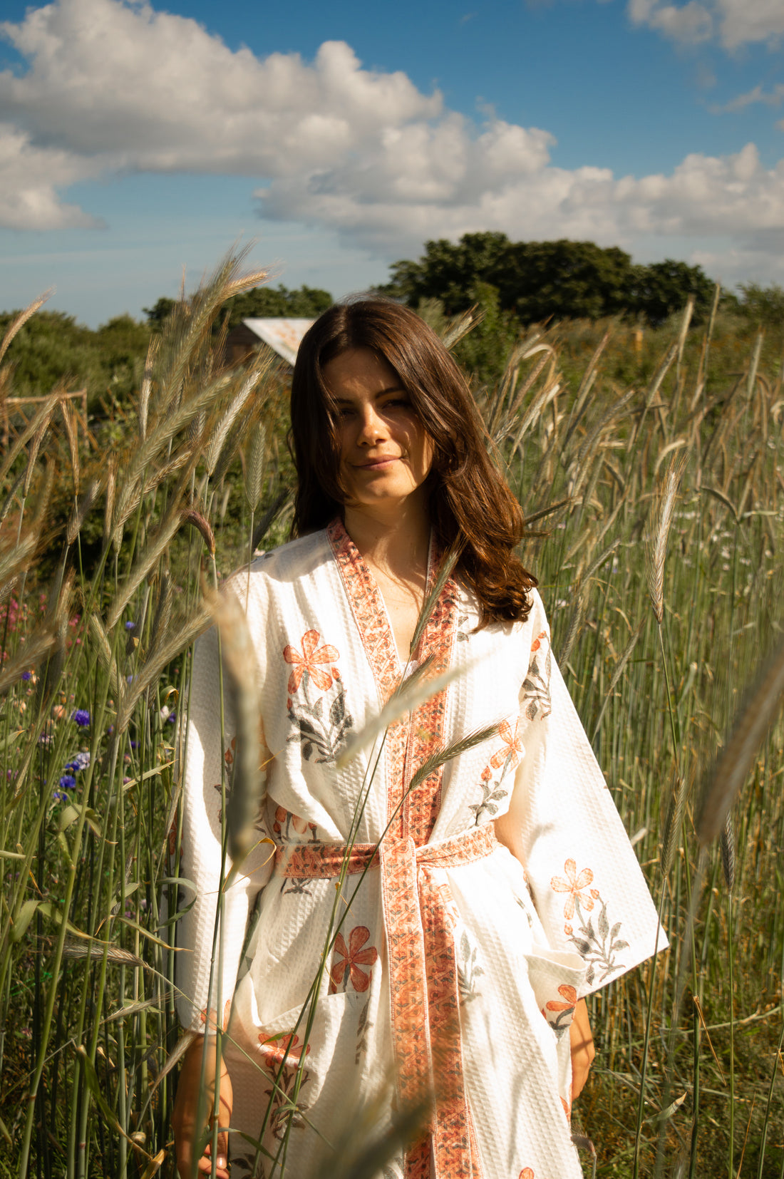 Cotton Waffle Indian Block Print Dressing Gown - Peach Flowers